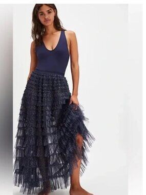 FREE PEOPLE Return Of The Ruffle Maxi Slip Skirt in Pin Dot Navy Combo NWT